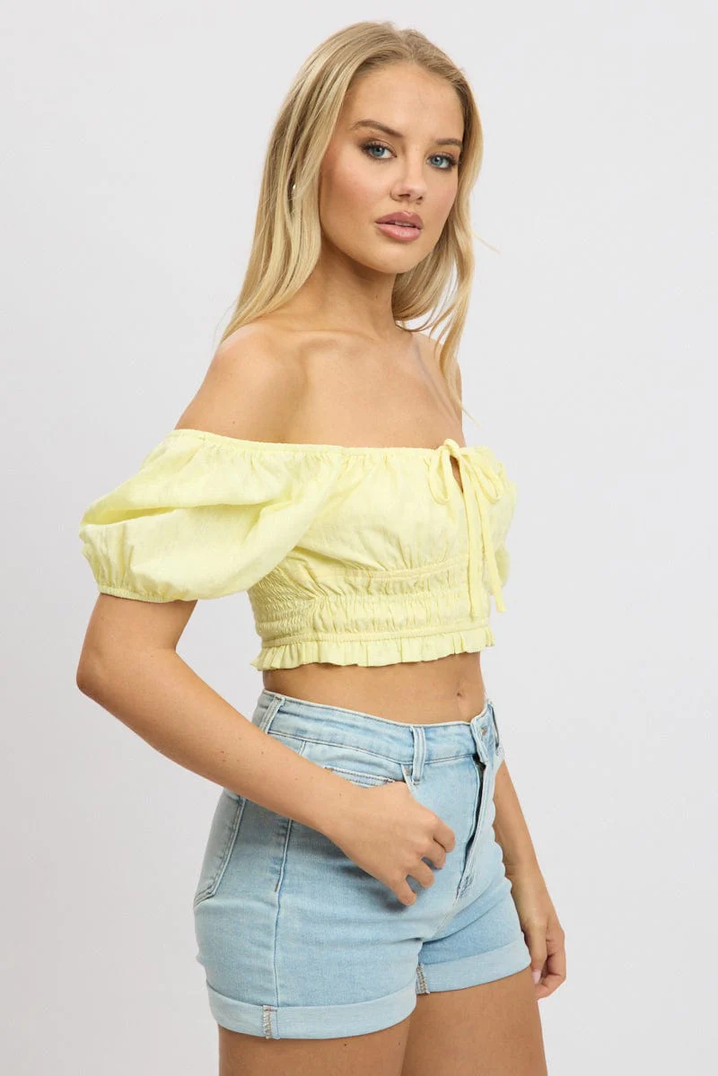 Yellow Crop Top Short Sleeve Shirred Waist - Image 4