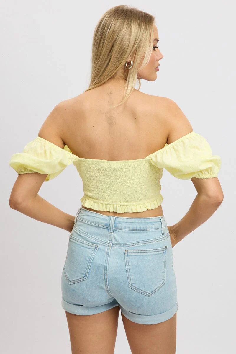 Yellow Crop Top Short Sleeve Shirred Waist - Image 5
