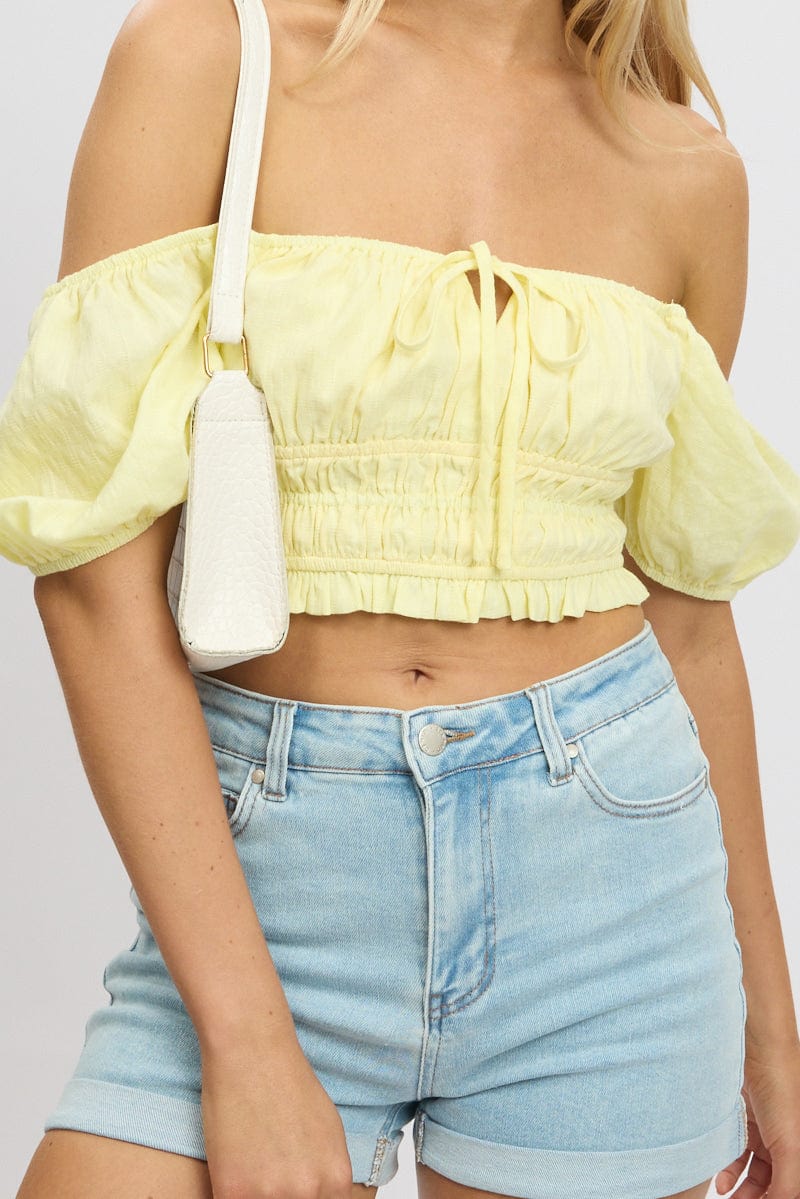 Yellow Crop Top Short Sleeve Shirred Waist - Image 6
