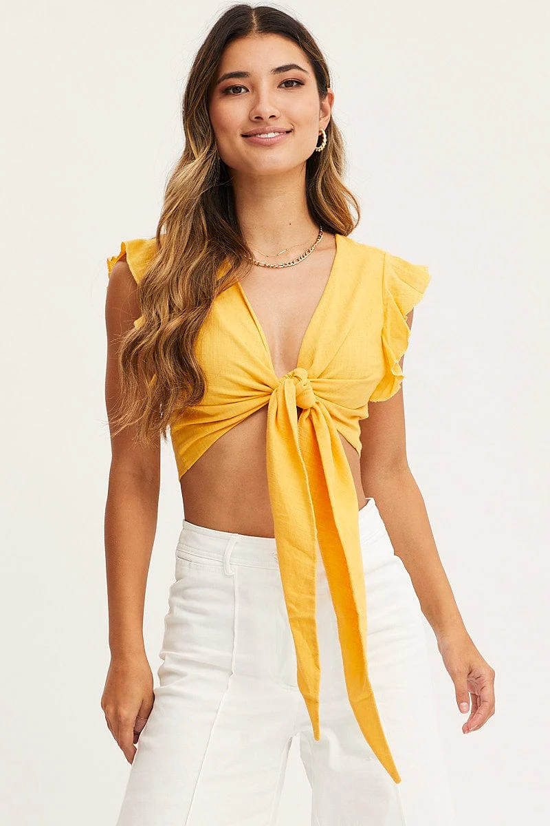 Yellow Crop Top Short Sleeve Tie Front - Image 3