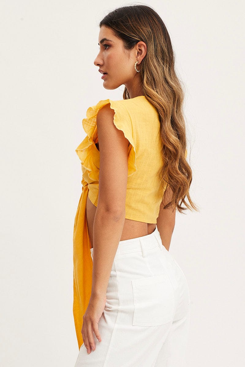 Yellow Crop Top Short Sleeve Tie Front - Image 4