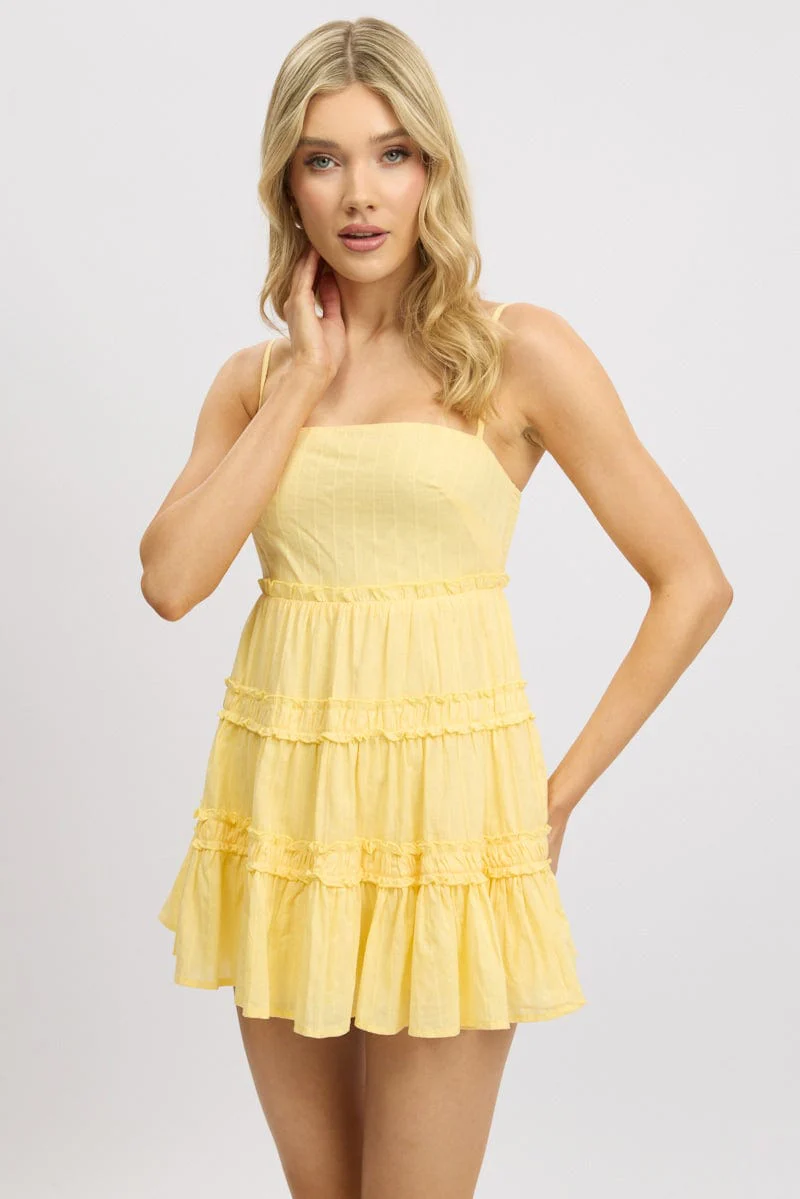 Yellow Fit And Flare Dress Tiered Strappy - Image 3