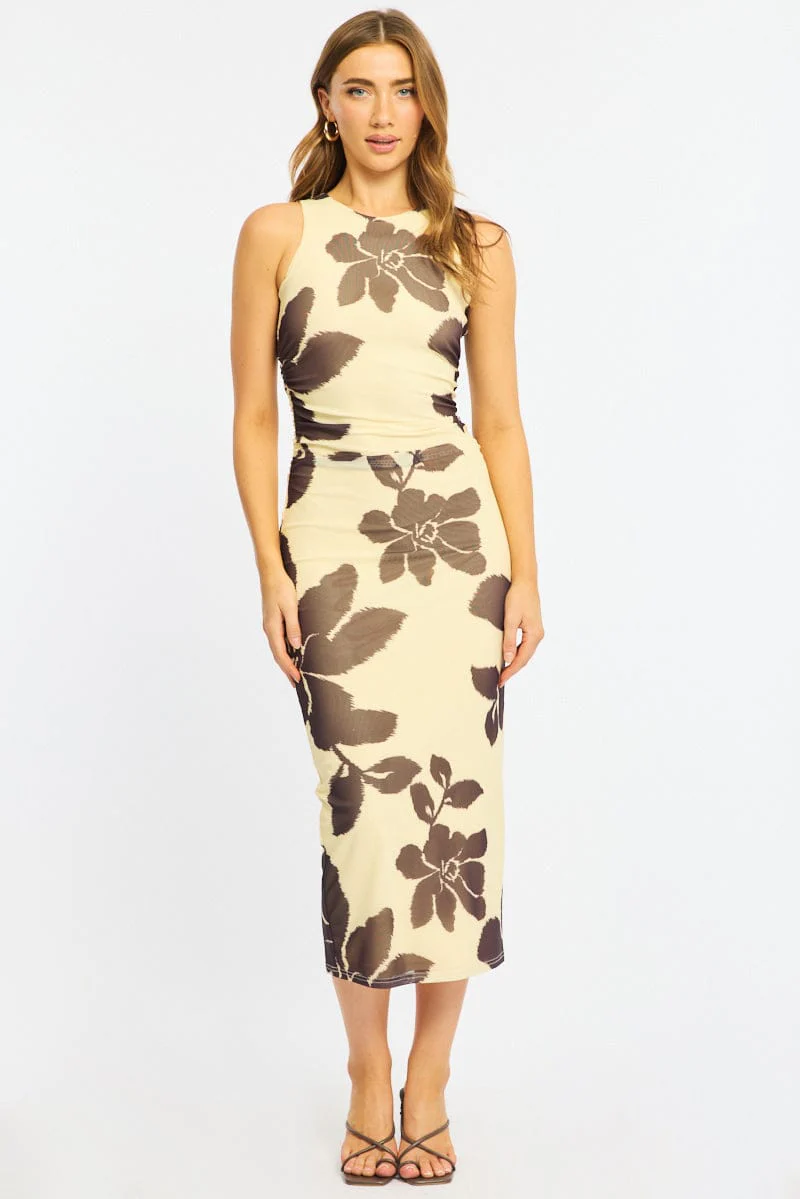 Yellow Floral Bodycon Dress Sleeveless Mesh - Image 3