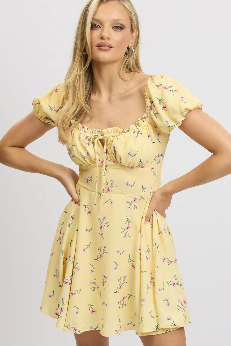 Yellow Floral Fit And Flare Dress Mini - Image 2