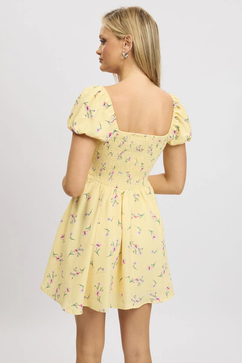 Yellow Floral Fit And Flare Dress Mini - Image 5