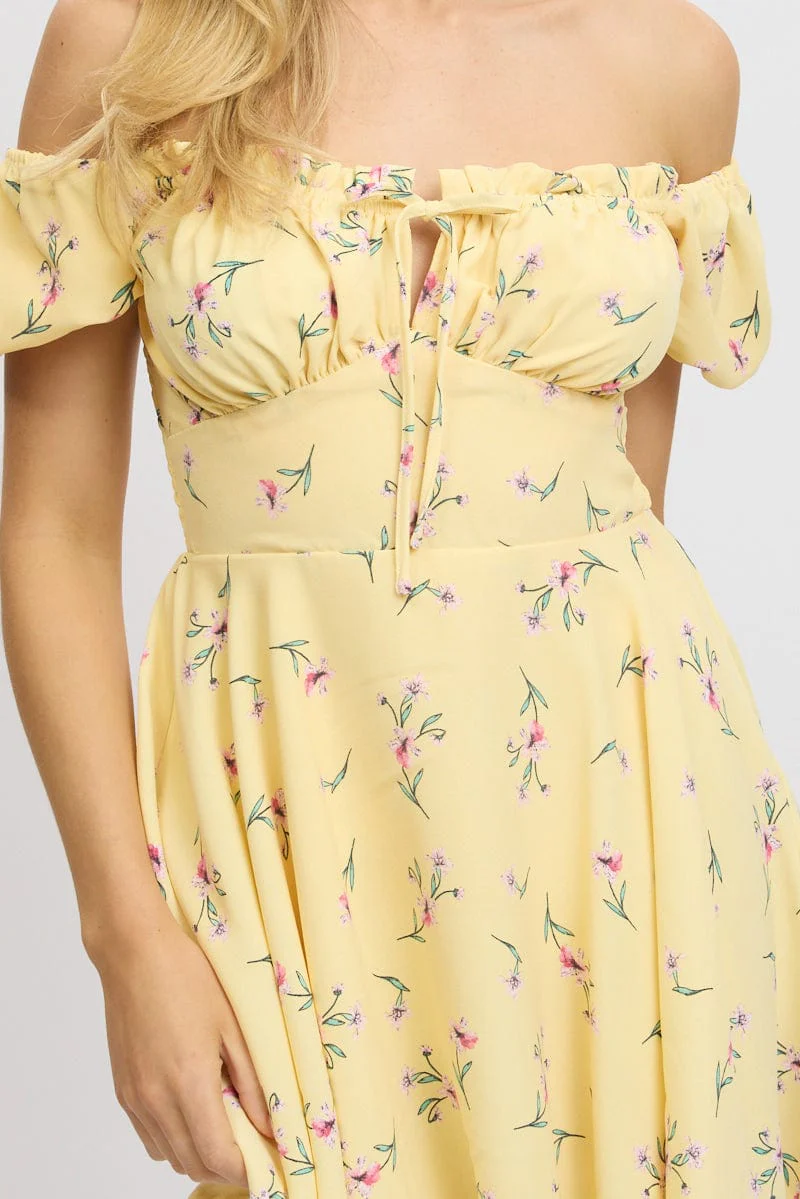 Yellow Floral Fit And Flare Dress Mini - Image 6