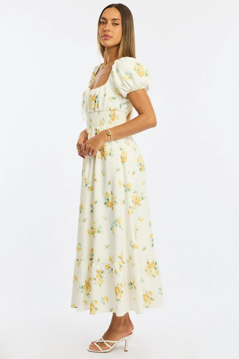 Yellow Floral Maxi Dress Puff Sleeve - Image 3