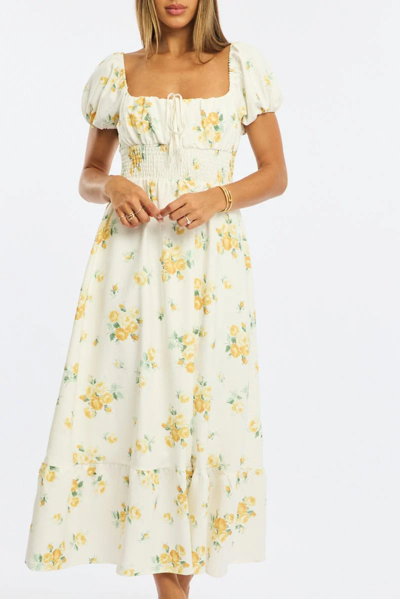 Yellow Floral Maxi Dress Puff Sleeve - Image 5