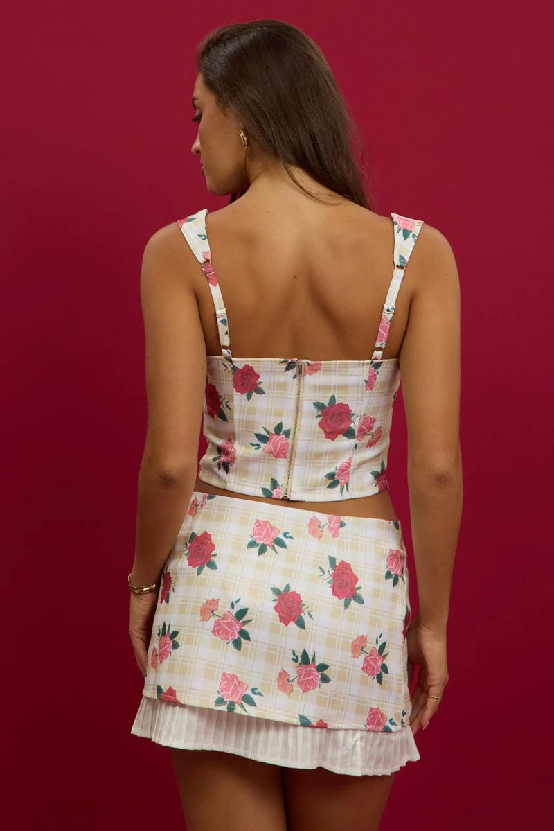 Yellow Floral Satin Ruched Top Sleeveless Contrast Detail - Image 5