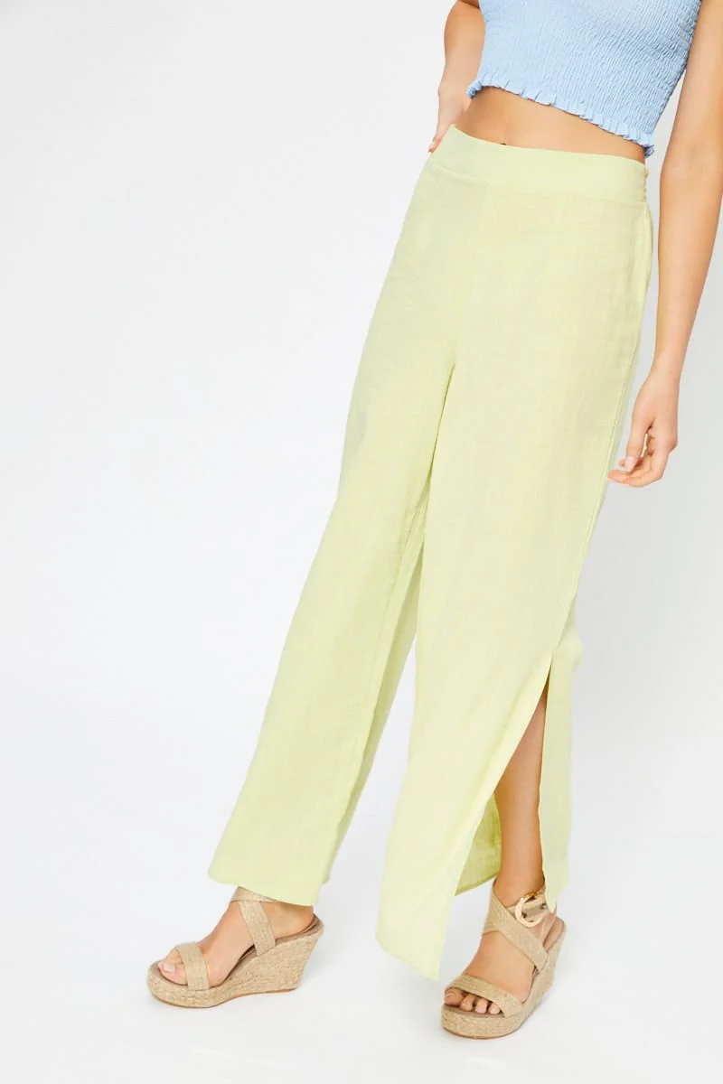 Yellow Linen Blend Elastic Side Slit Wide Leg Pants - Image 2