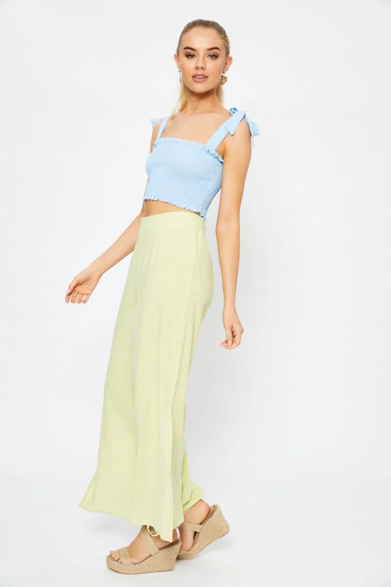 Yellow Linen Blend Elastic Side Slit Wide Leg Pants - Image 4