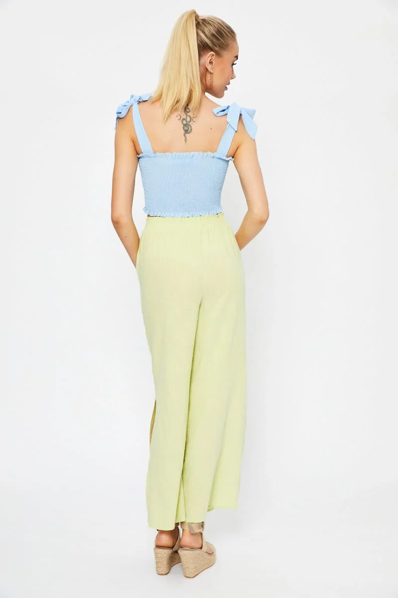 Yellow Linen Blend Elastic Side Slit Wide Leg Pants - Image 5
