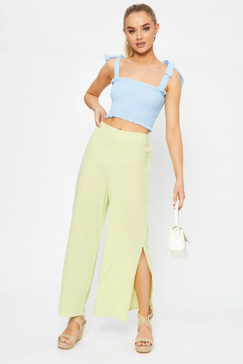 Yellow Linen Blend Elastic Side Slit Wide Leg Pants - Image 7