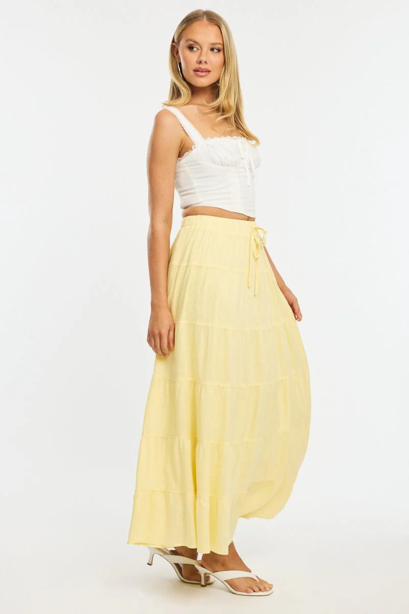Yellow Maxi Skirt Tiered High Rise Linen Blend - Image 5