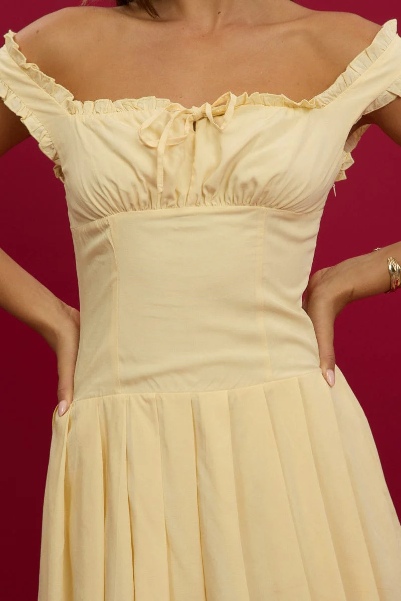 Yellow Mini Dress Pleated Skirt Gathered Bust - Image 6