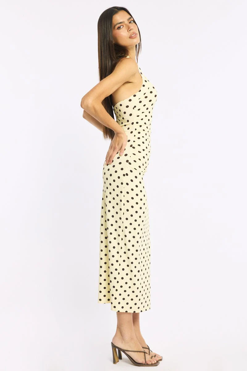 Yellow Polka Dot Bodycon Dress Halter Neck - Image 3