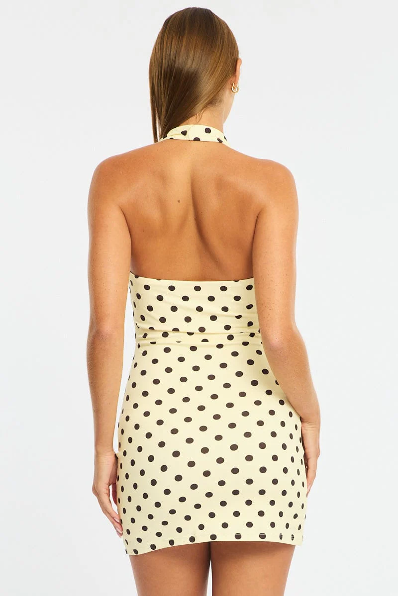 Yellow Polka Dot Bodycon Dress Halter Neck - Image 6