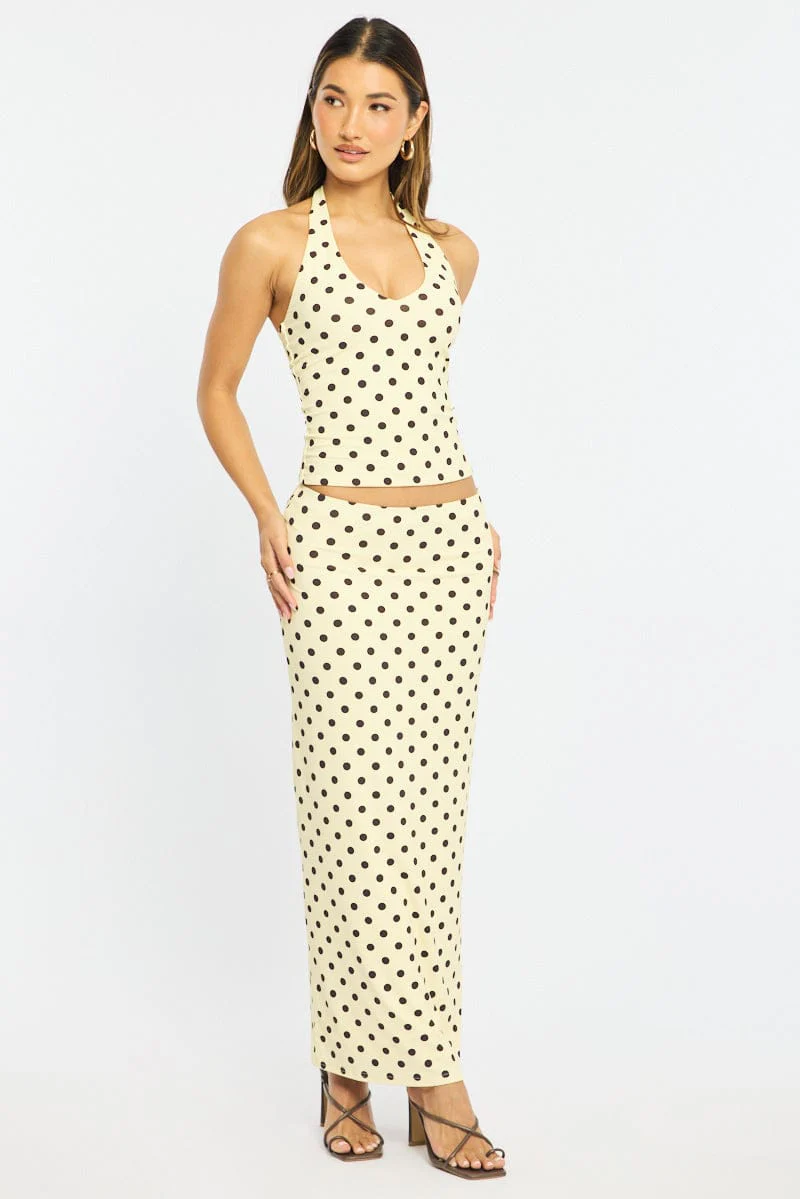 Yellow Polka Dot Supersoft Maxi Skirt Elastic Waist Lined - Image 4
