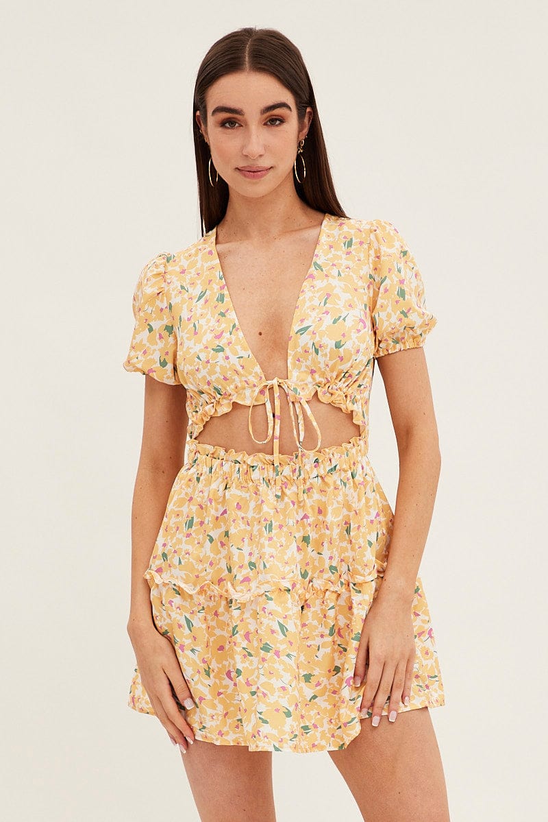Yellow Print Cutout Skater Dress - Image 3