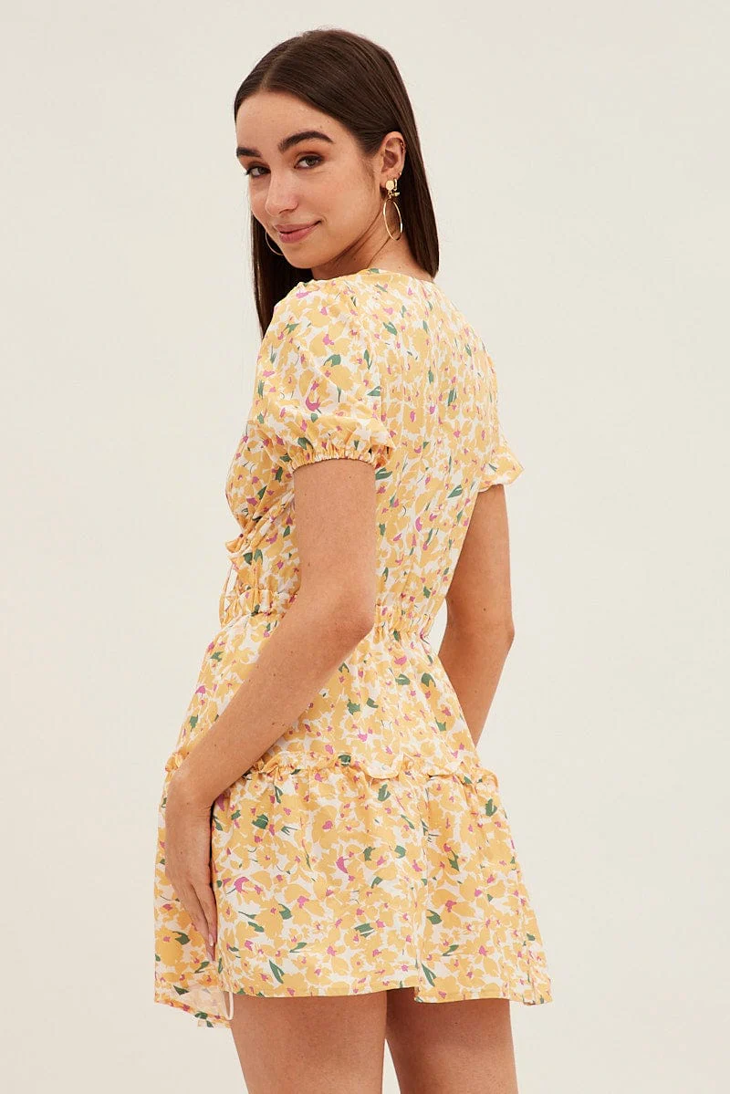 Yellow Print Cutout Skater Dress - Image 5