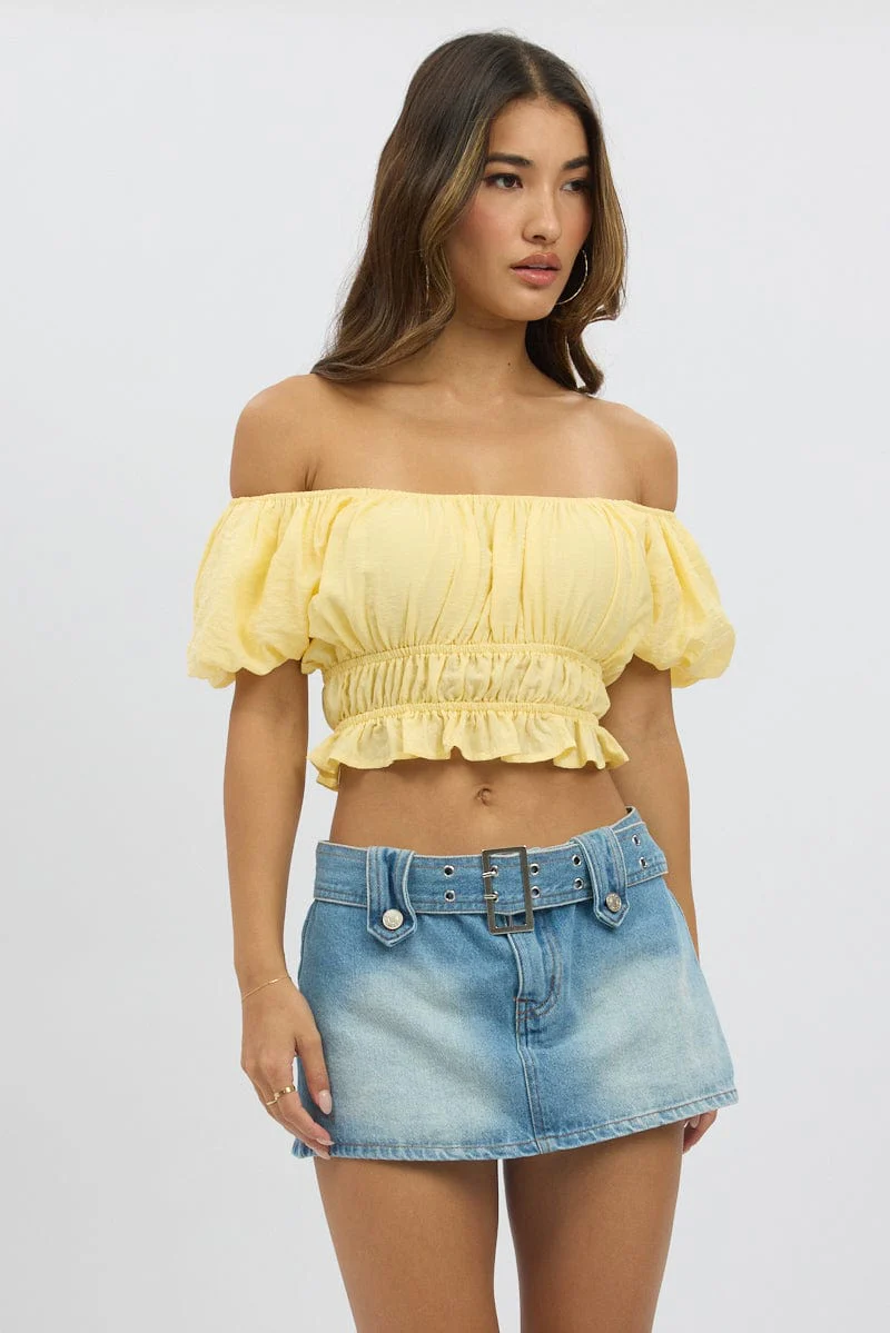 Yellow Ruffle Crop Top Puff Sleeve - Image 3