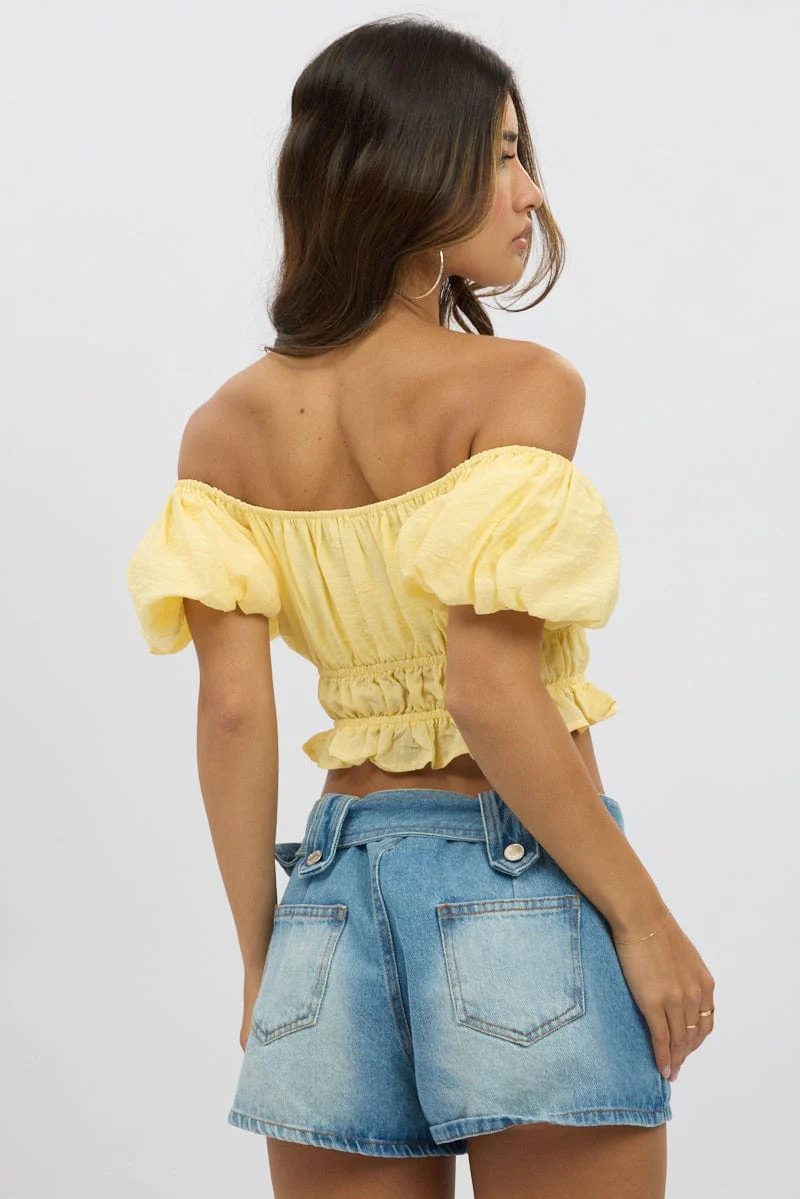 Yellow Ruffle Crop Top Puff Sleeve - Image 5