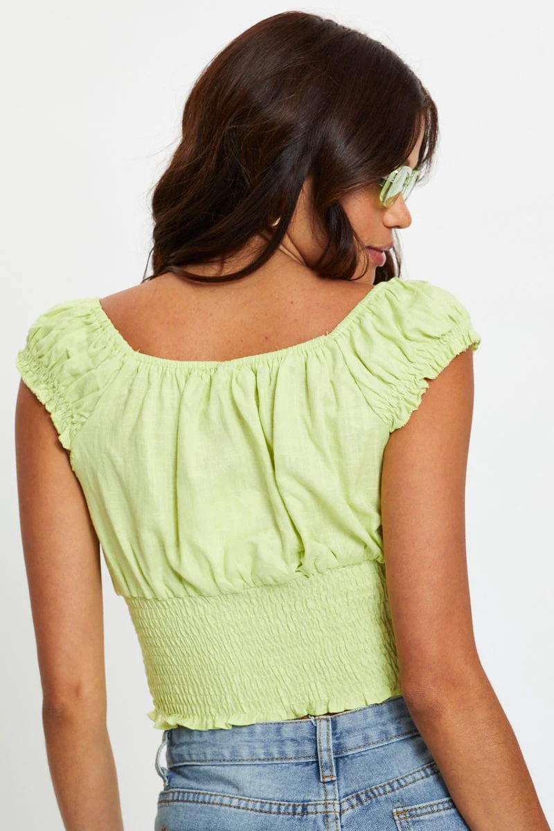 Yellow Short Sleeve Linen Shirred Top - Image 5