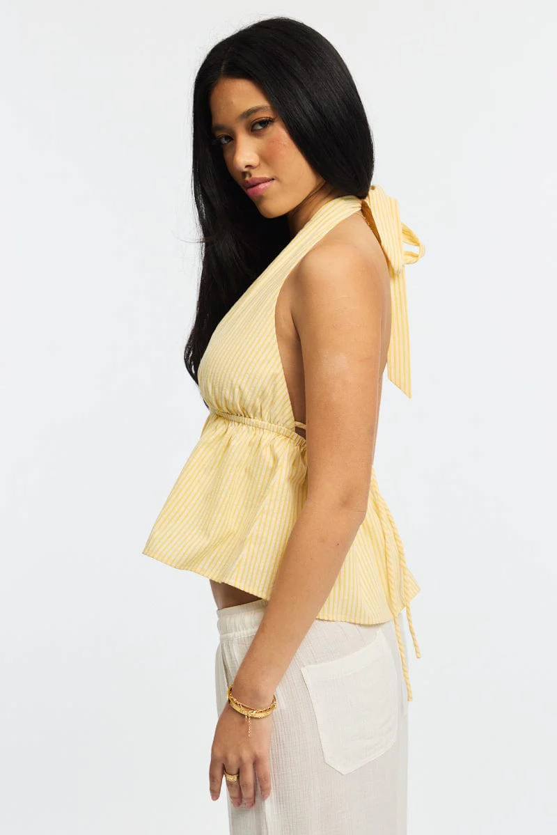 Yellow Stripe Halter Top Sleeveless V-neck Babydoll - Image 3