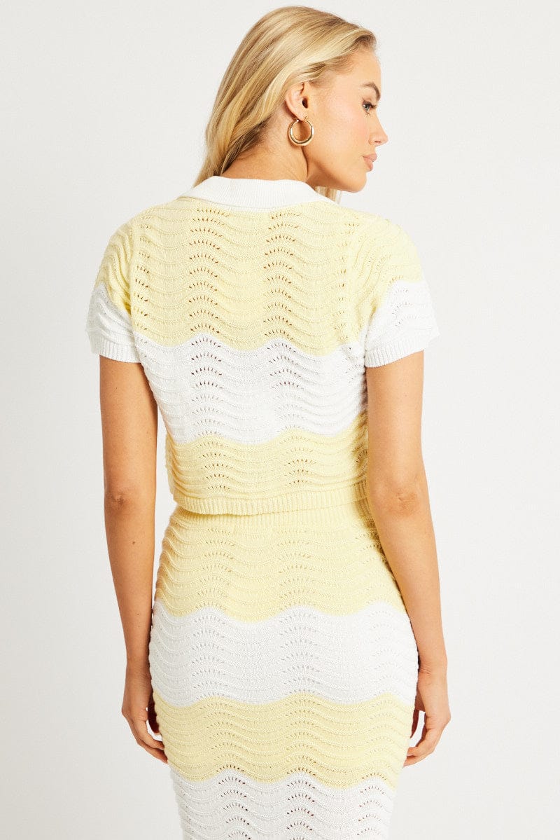 Yellow Stripe Knit Cardigan Short Sleeve Stripe - Image 5