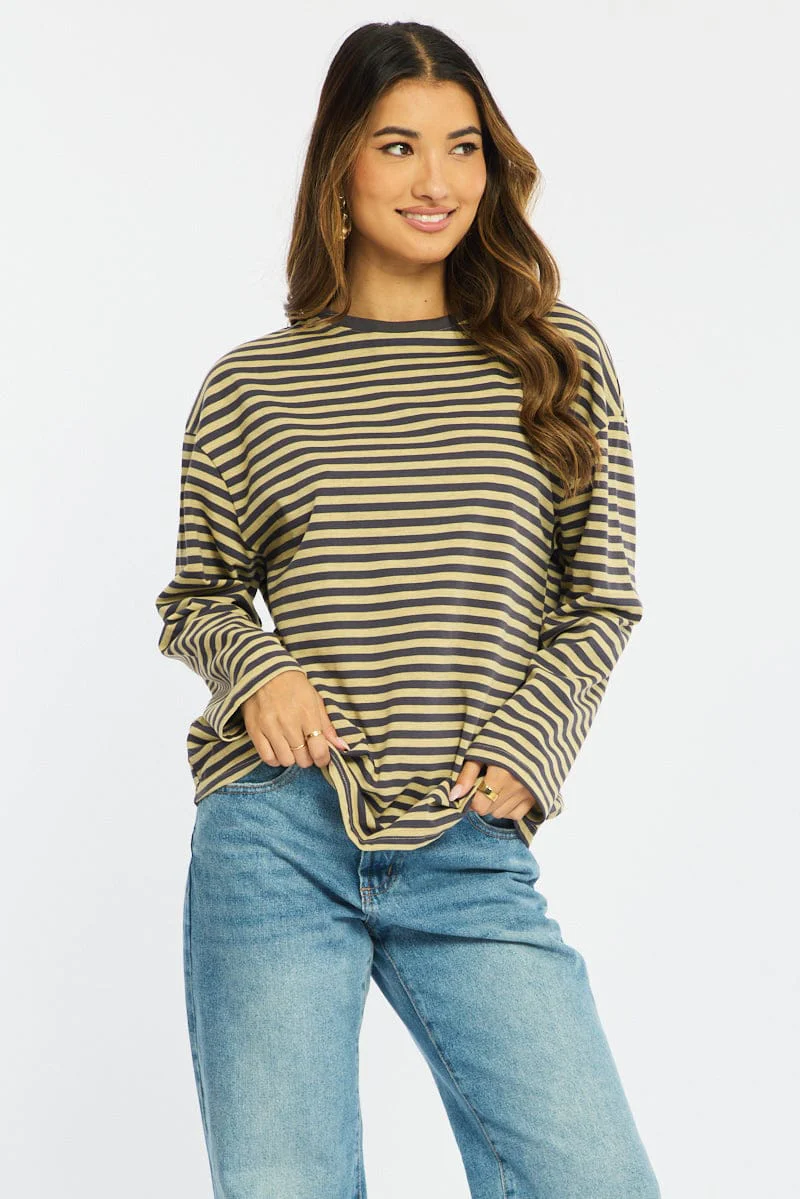Yellow Stripe Striped Top Crew Neck Long Sleeve - Image 3