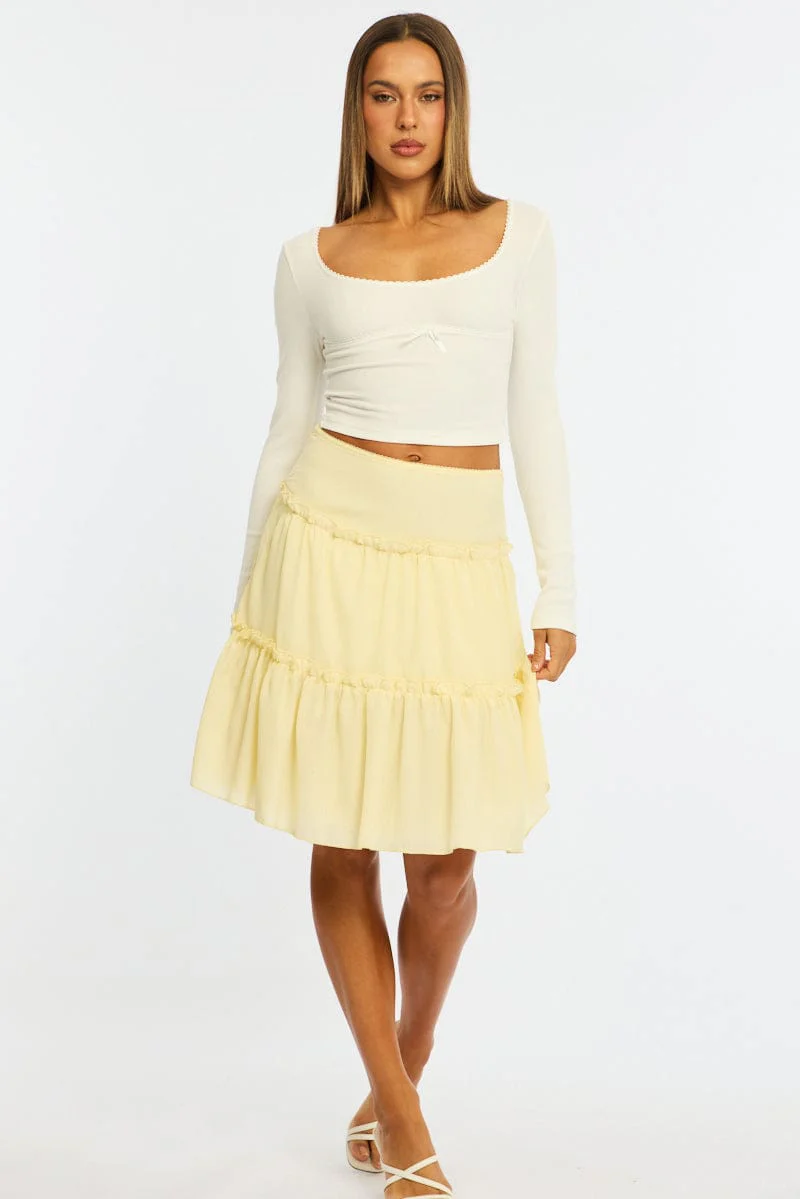 Yellow Tiered Midi Skirt Mid Rise Textured - Image 3