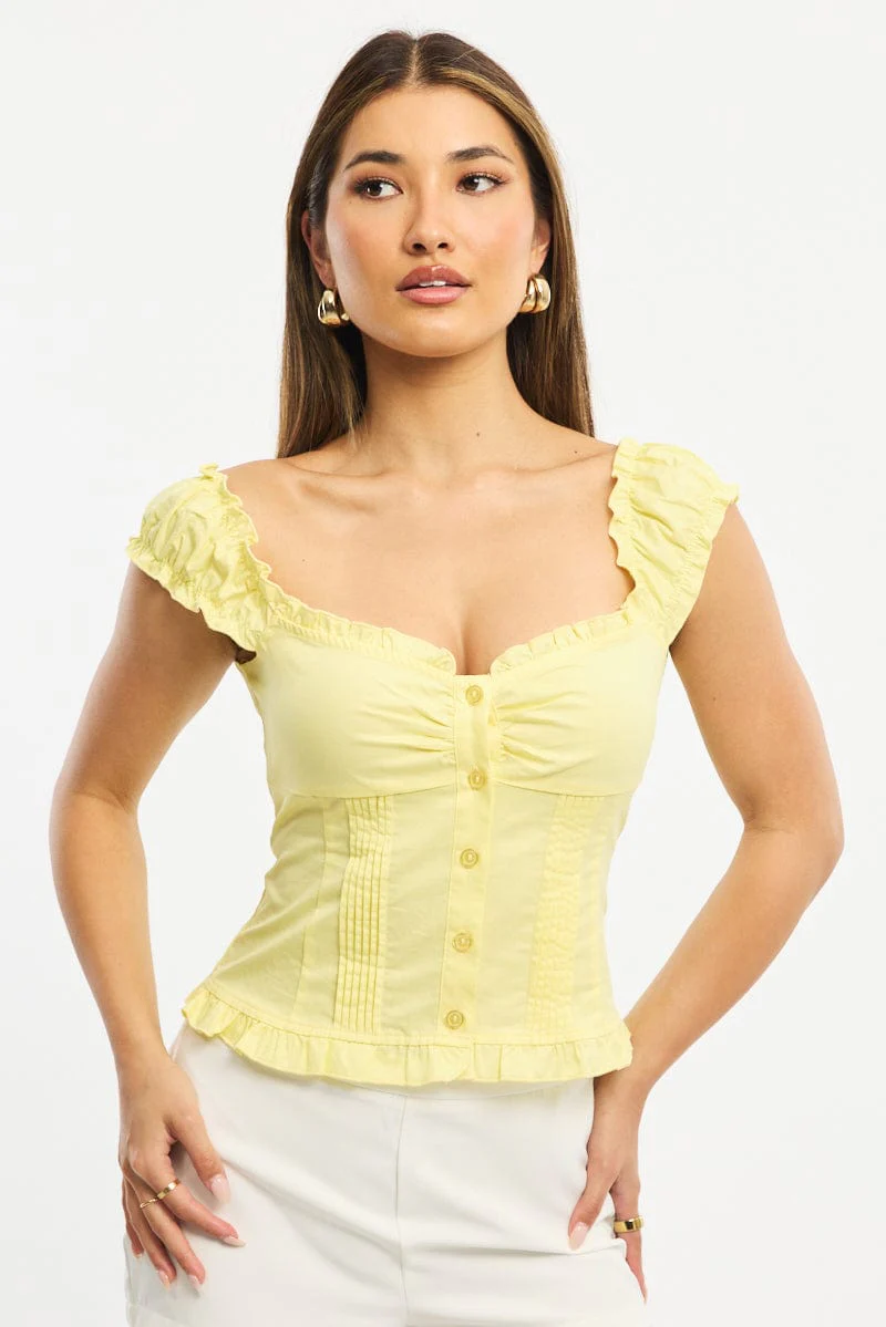 Yellow Top Short Sleeve Gathered Bust Pleated Detail