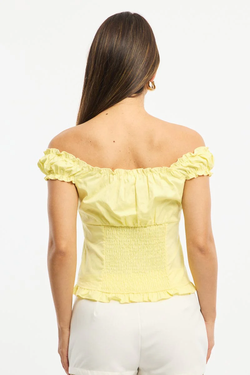 Yellow Top Short Sleeve Gathered Bust Pleated Detail - Image 4