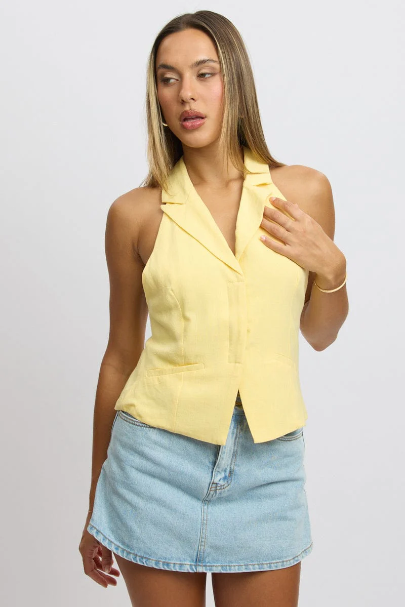 Yellow Vest Top V Neck Halter Neck Open Back - Image 3